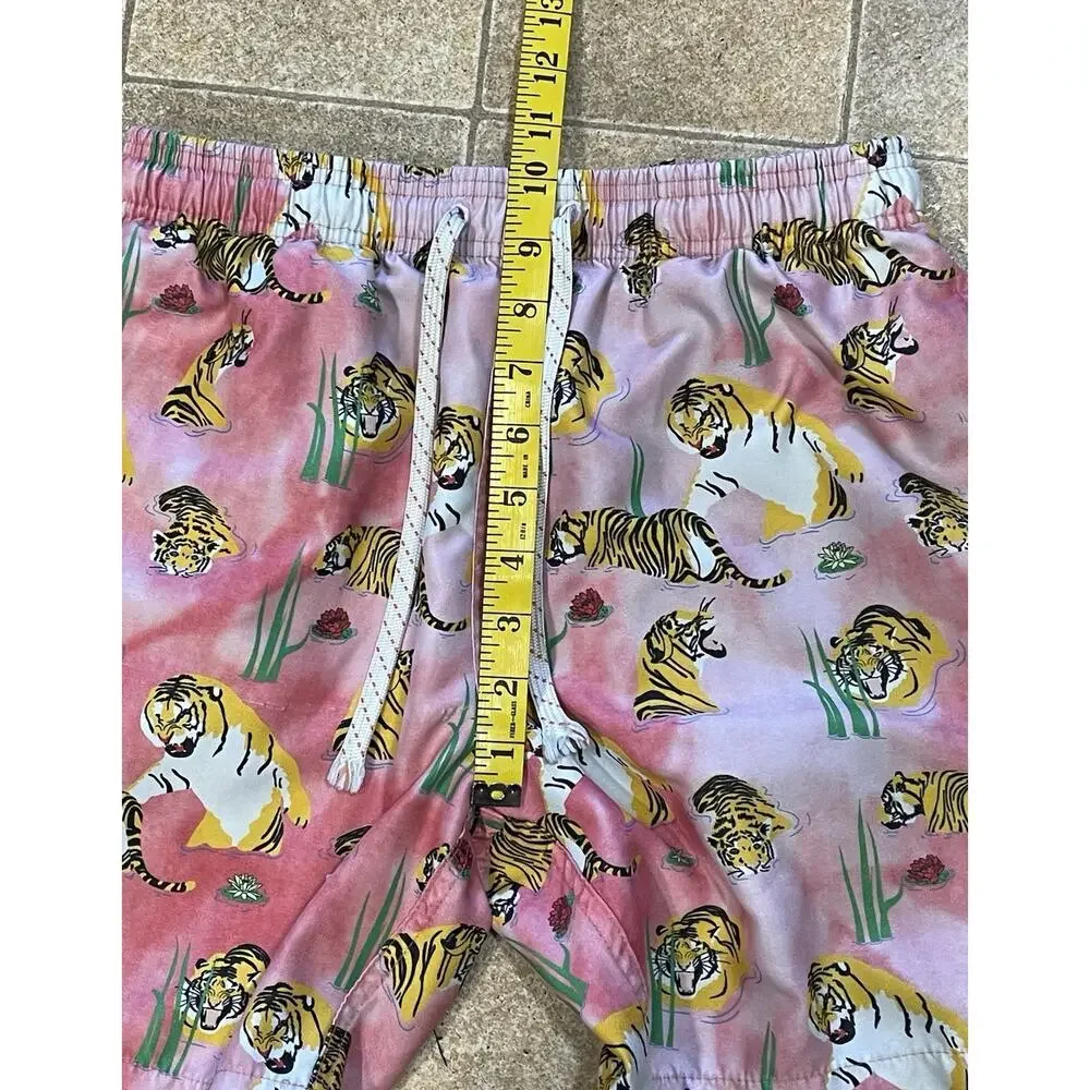 Ambsn Tiger Print Board Shorts Swim Trunks Size Small Drawstring Pink/Yellow